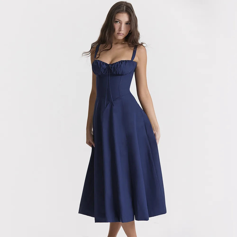 Elegant A Line Midi Dress Sexy Spaghetti Strap Lace Up Red Holiday Party Dresses