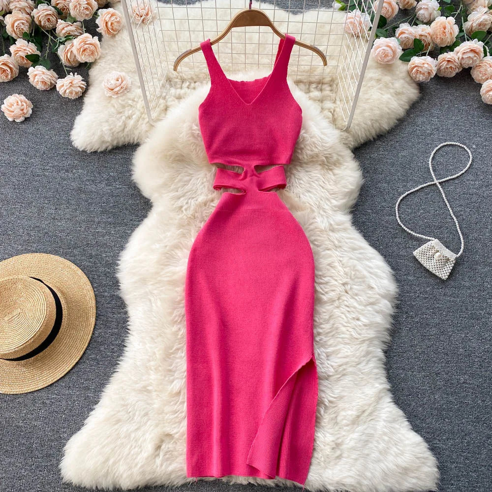 Sexy Cut Out Waist Package Hips Split Bodycon Dress Knitted Party Sundress