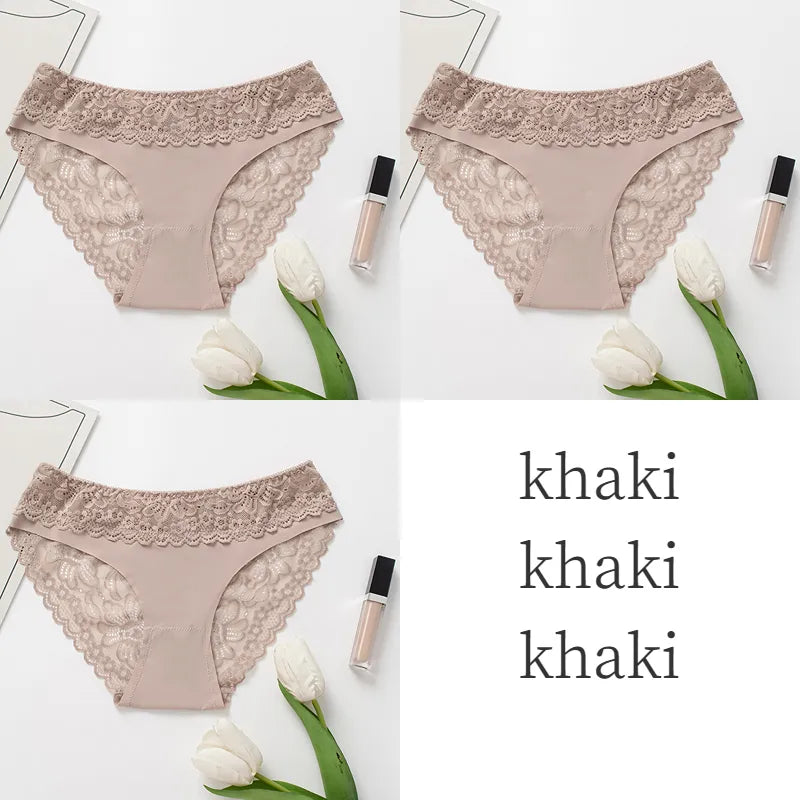 3PCS/Set Women's Panties Lace Silk Satin Underwear Sexy Lingerie Underpants