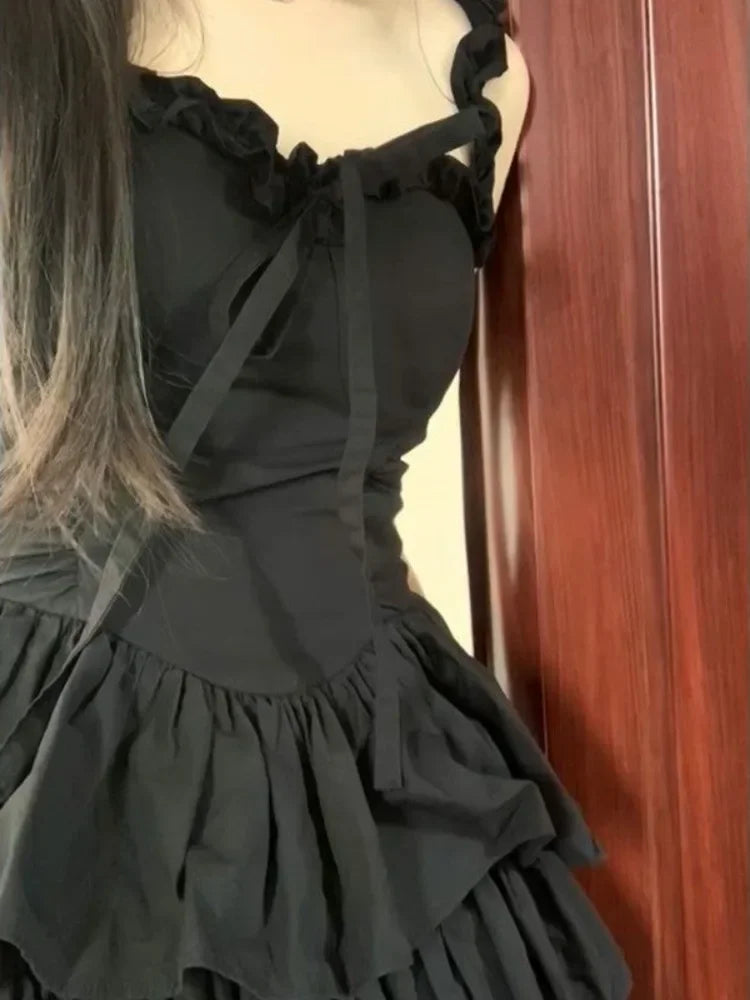 Cute Black Ruffles Soft Girl Cake Party Short Mini Dresses