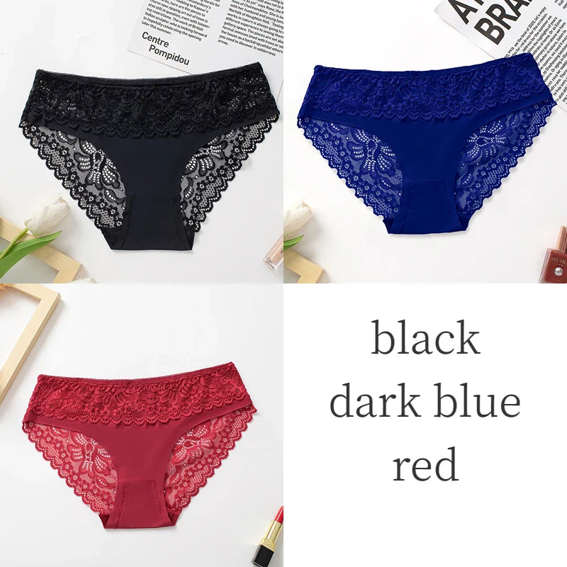 3PCS/Set Women's Panties Lace Silk Satin Underwear Sexy Lingerie Underpants