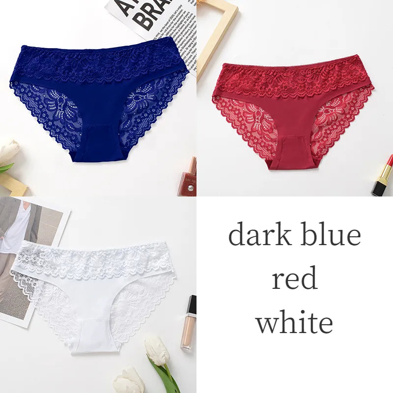3PCS/Set Women's Panties Lace Silk Satin Underwear Sexy Lingerie Underpants