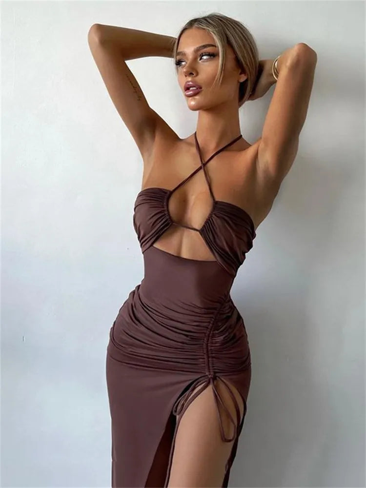 Hollow Out Drawstring Sleeveless Backless High Split Elegant Dress