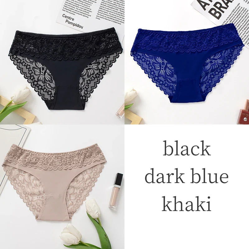 3PCS/Set Women's Panties Lace Silk Satin Underwear Sexy Lingerie Underpants