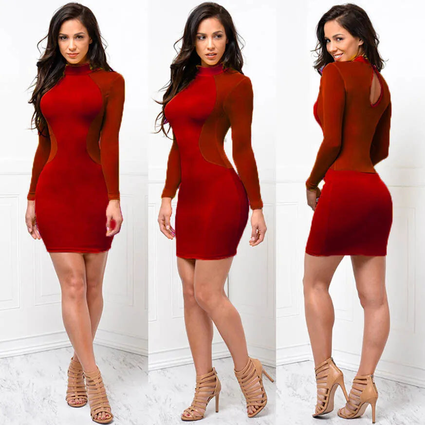 Evening Party Cocktail Dress Transparent Long Sleeve Clubwear Dress