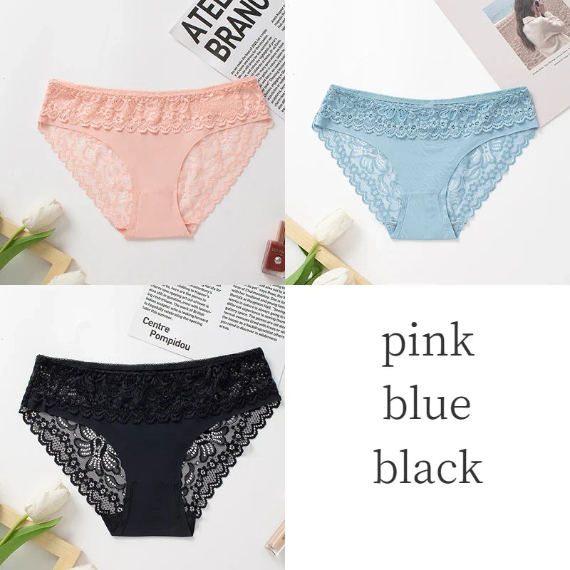3PCS/Set Women's Panties Lace Silk Satin Underwear Sexy Lingerie Underpants