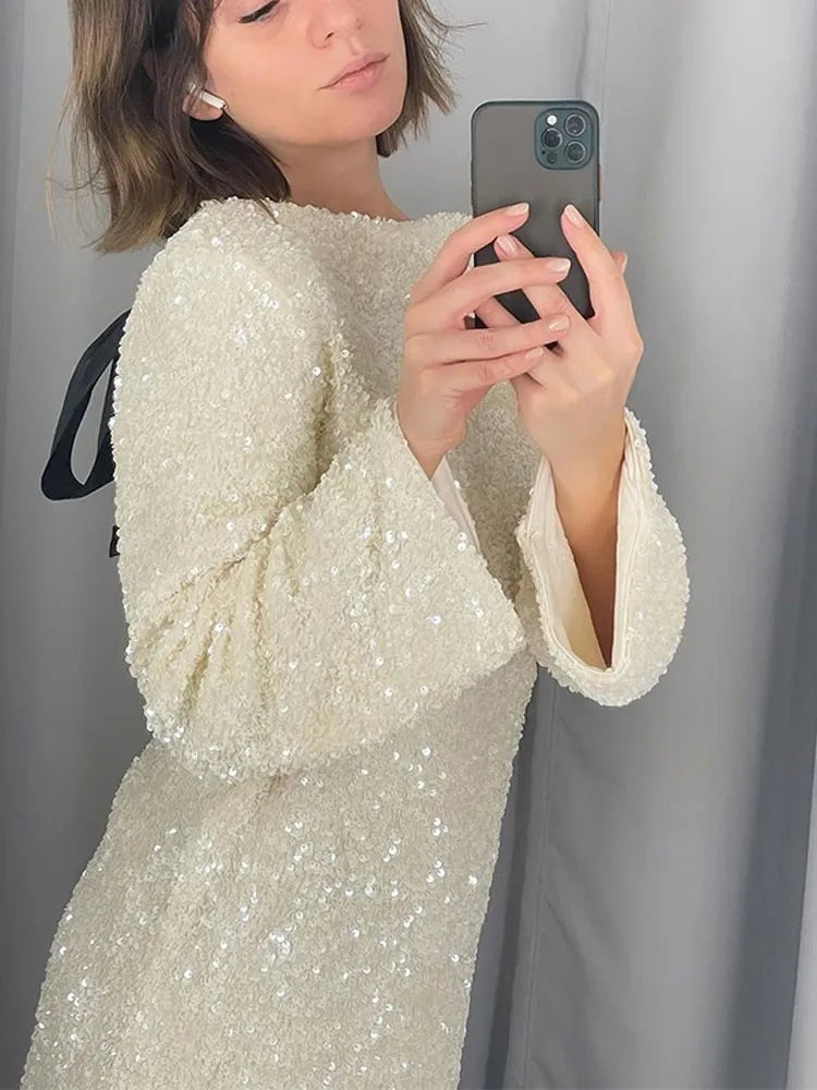 Robe mini pailletée chic et brillante pour femmes Élégante avec nœud papillon au dos Robes longues à manches longues slim