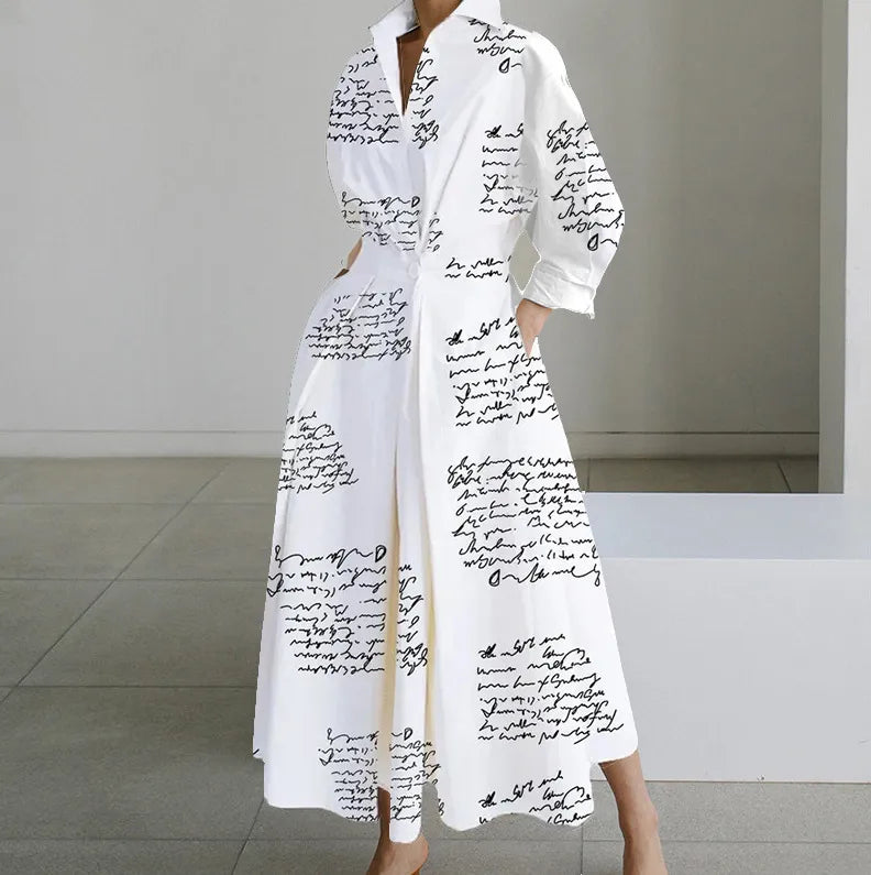 Long Sleeve Dot Print Elegant Maxi V Neck Shirt Party Long Dress