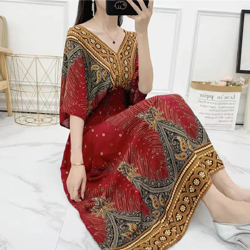 Elegante vestido impreso de estilo retro con escote en V, túnica grande de vuelo, falda larga