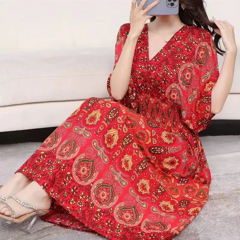 Elegante vestido impreso de estilo retro con escote en V, túnica grande de vuelo, falda larga