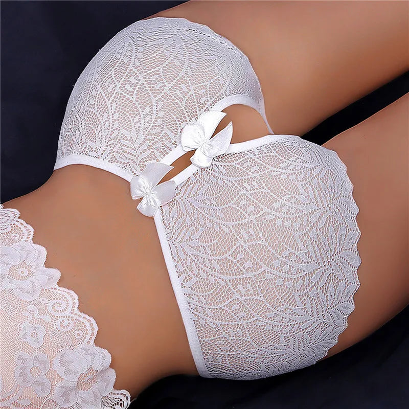Erotic Sexy Open Lace Panties Transparent Bow Low Waist Underpants Lingerie