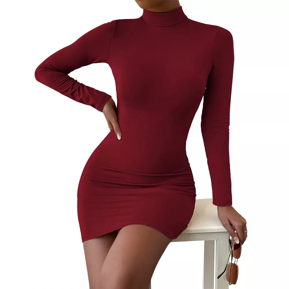Elegant Chest Slim Pleated Turtleneck Long Sleeve Skinny Mini Dress