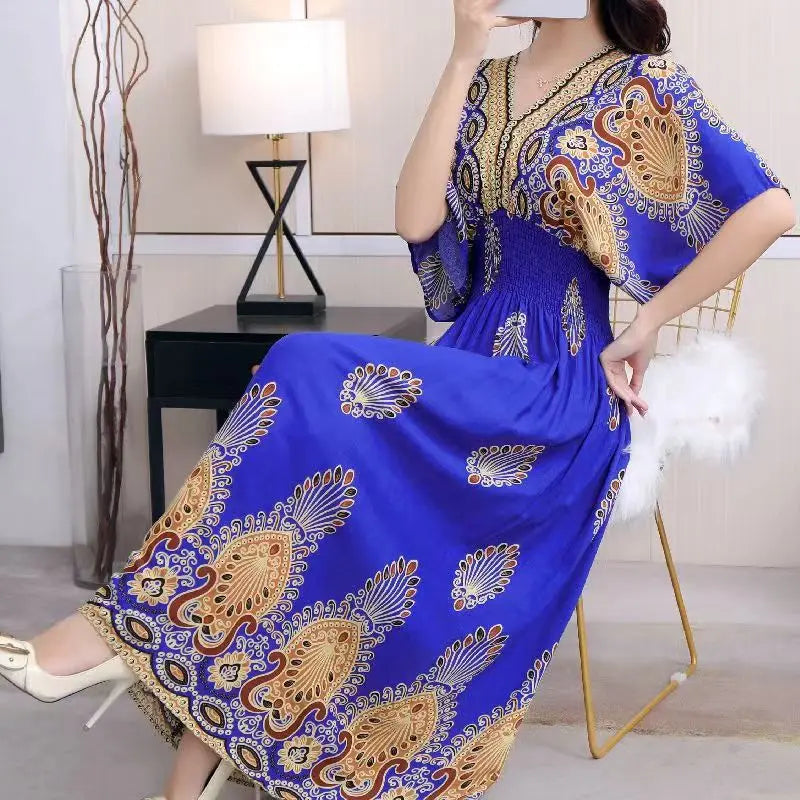 Elegant Retro Style V-neck Tunic Large Swing Printed Dress Long Skirt