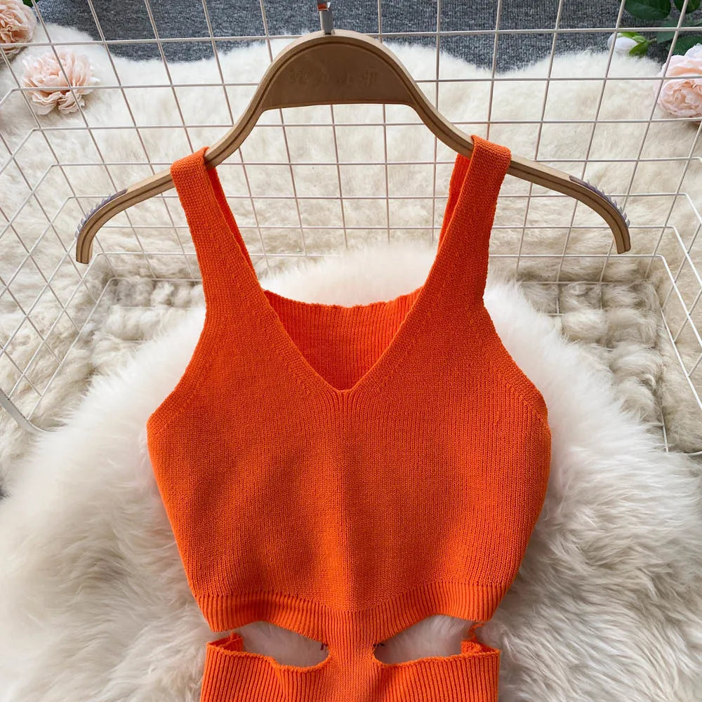 Sexy Cut Out Waist Package Hips Split Bodycon Dress Knitted Party Sundress