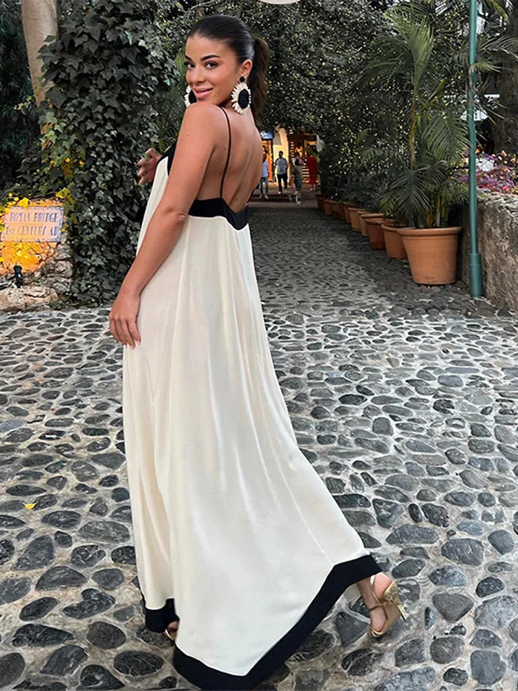 Backless V-neck Contrast Color Vacation Long Suspender Maxi Elegant Dress
