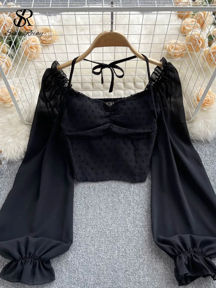 Long Sleeve Women Tie Halter Elastic Waist Fashion French Beach Top