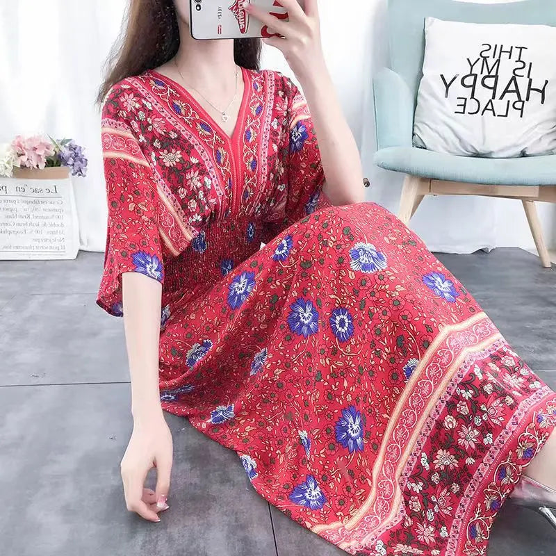 Elegante vestido impreso de estilo retro con escote en V, túnica grande de vuelo, falda larga