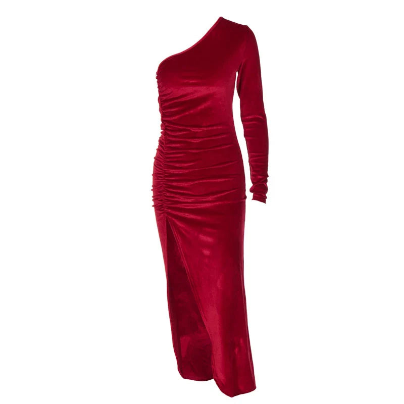 Elegant Long Sleeve Party Evening Velvet Bodycon Split Pencil Midi Dress