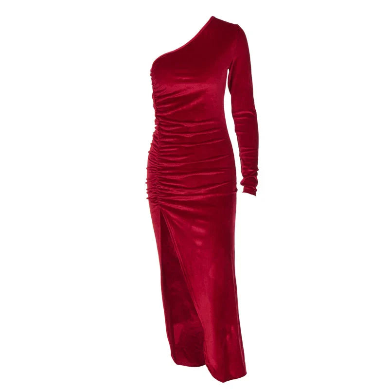 Elegant Long Sleeve Party Evening Velvet Bodycon Split Pencil Midi Dress