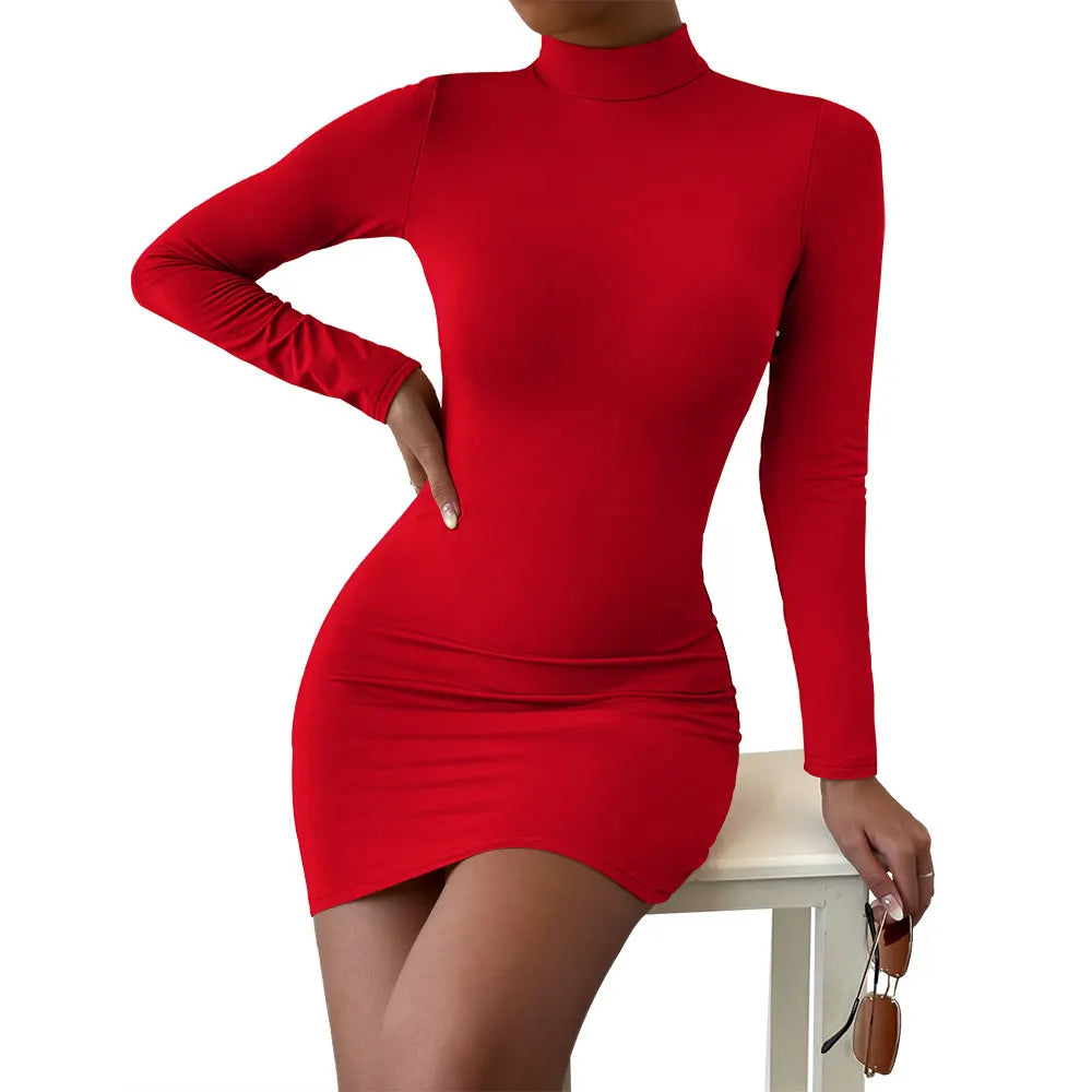 Elegant Chest Slim Pleated Turtleneck Long Sleeve Skinny Mini Dress