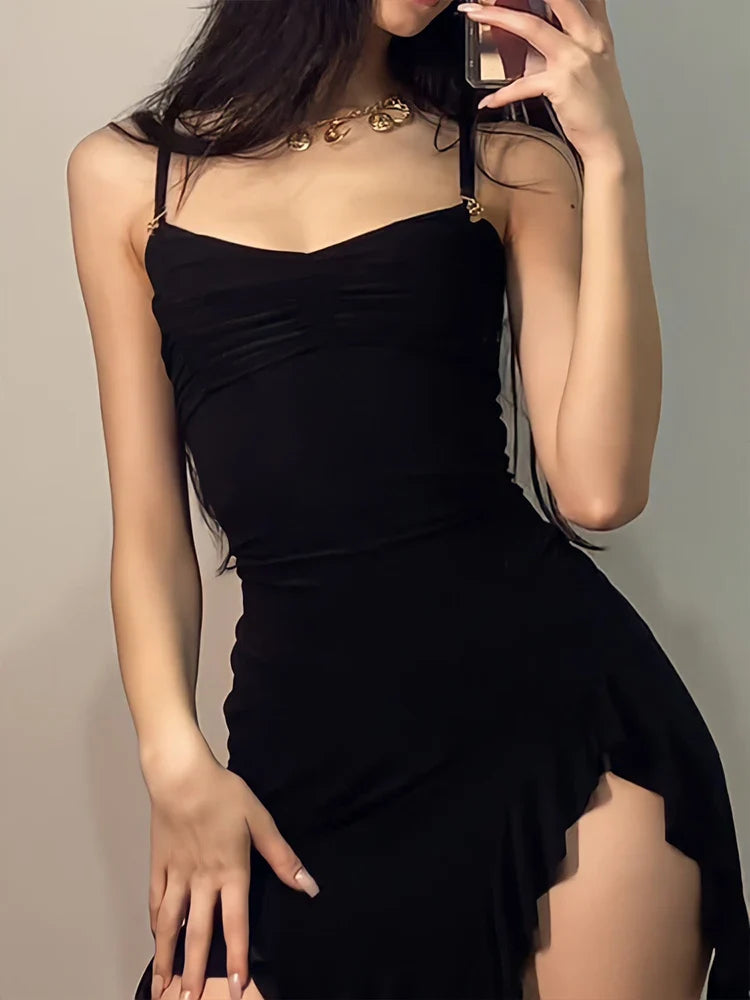 Sleeveless Streetwear Strap Backless Bodycon Folds Split Sexy Mini Dress