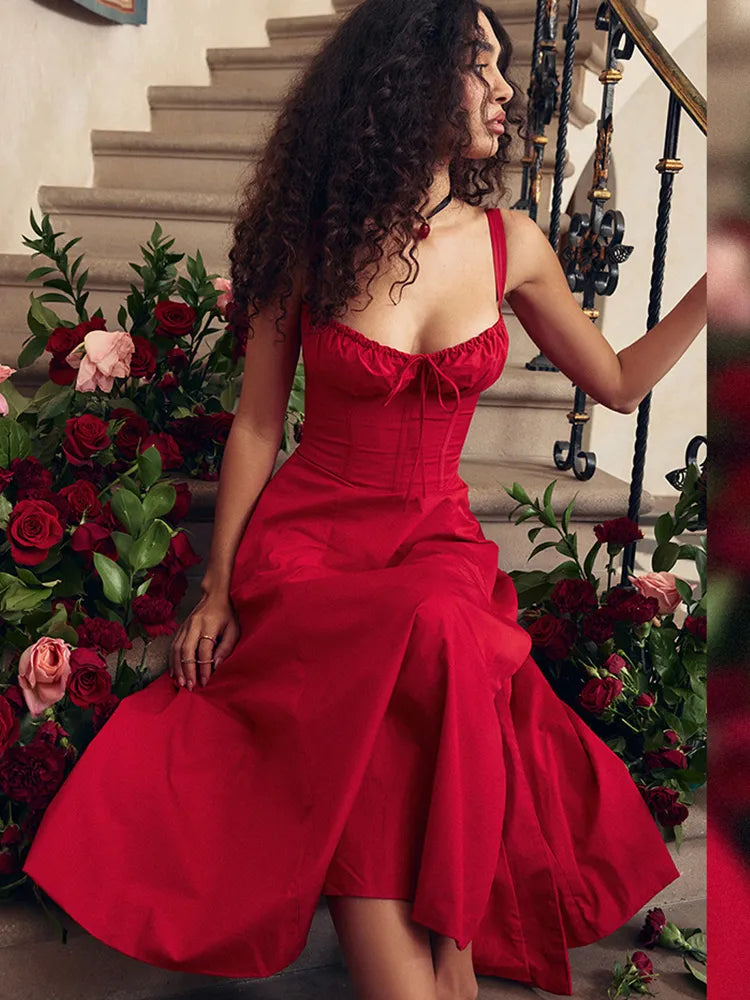 Elegant A Line Midi Dress Sexy Spaghetti Strap Lace Up Red Holiday Party Dresses