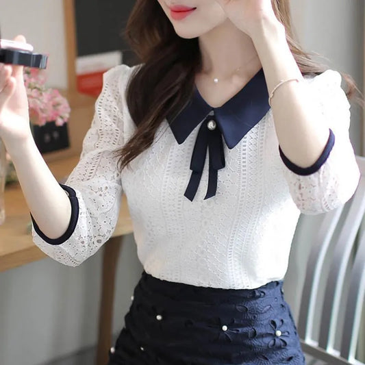 Blusas de encaje estilo primavera otoño Cuello de camisa Color sólido Manga media Tops elegantes de encaje