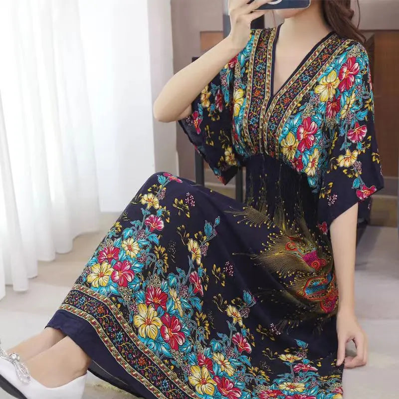 Elegant Retro Style V-neck Tunic Large Swing Printed Dress Long Skirt