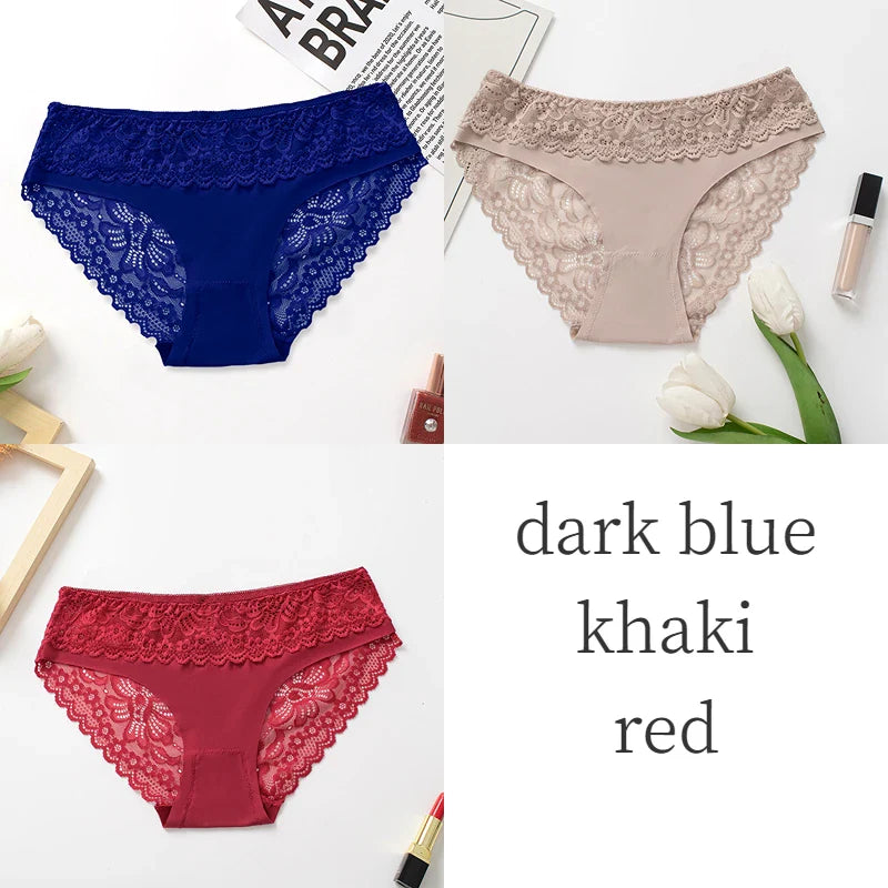 3PCS/Set Women's Panties Lace Silk Satin Underwear Sexy Lingerie Underpants