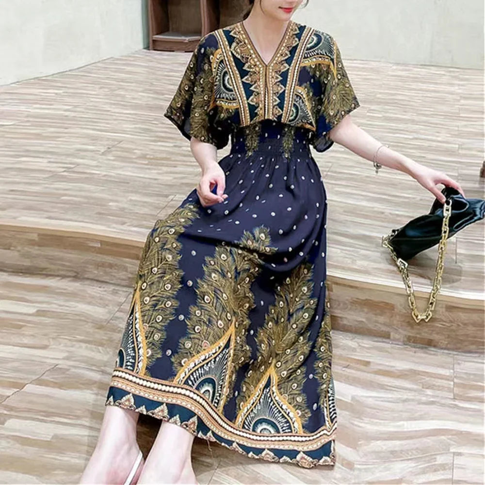 Elegant Retro Style V-neck Tunic Large Swing Printed Dress Long Skirt
