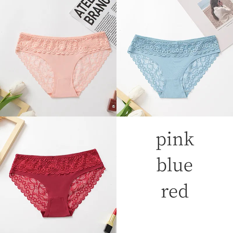 3PCS/Set Women's Panties Lace Silk Satin Underwear Sexy Lingerie Underpants