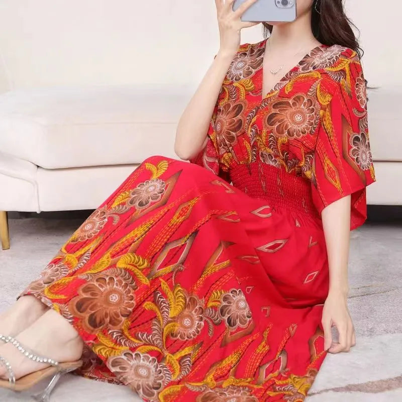 Elegant Retro Style V-neck Tunic Large Swing Printed Dress Long Skirt