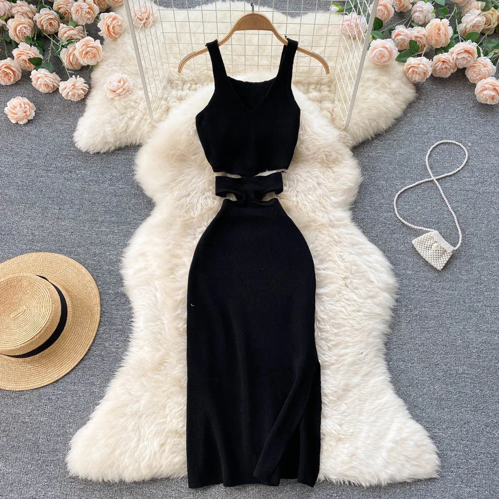 Sexy Cut Out Waist Package Hips Split Bodycon Dress Knitted Party Sundress