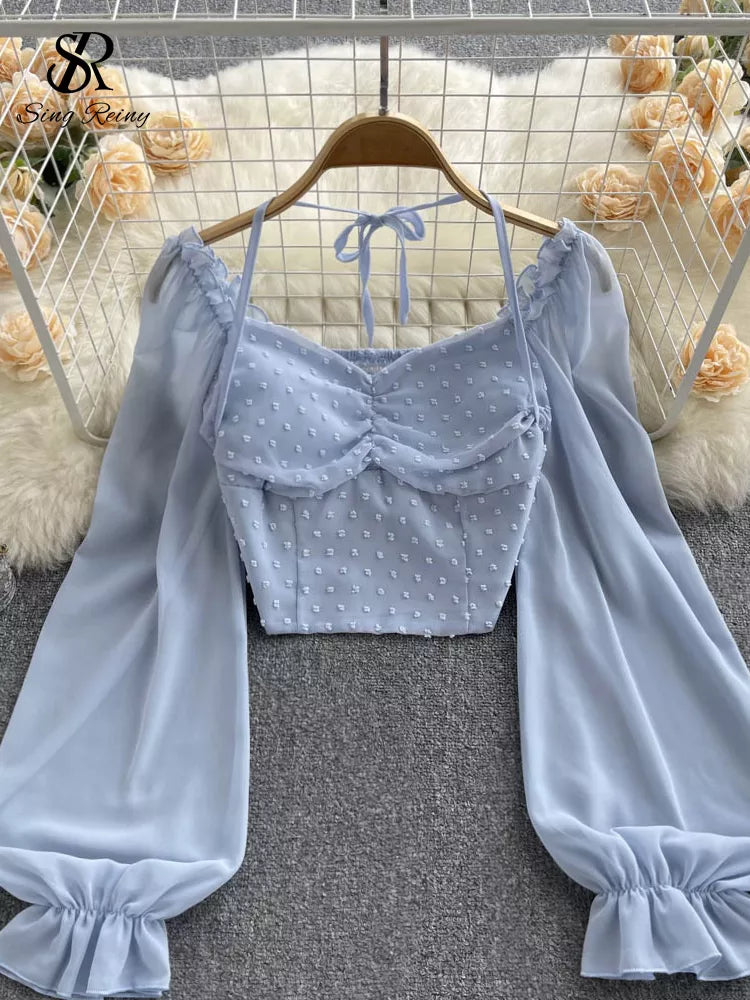 Long Sleeve Women Tie Halter Elastic Waist Fashion French Beach Top