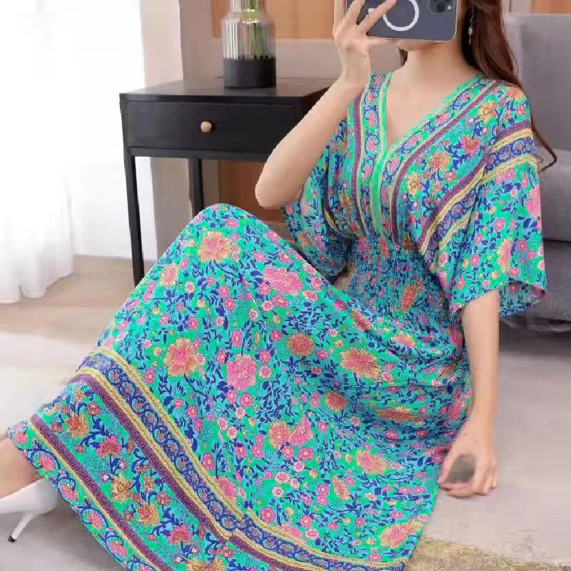 Elegante vestido impreso de estilo retro con escote en V, túnica grande de vuelo, falda larga