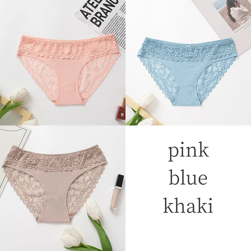 3PCS/Set Women's Panties Lace Silk Satin Underwear Sexy Lingerie Underpants