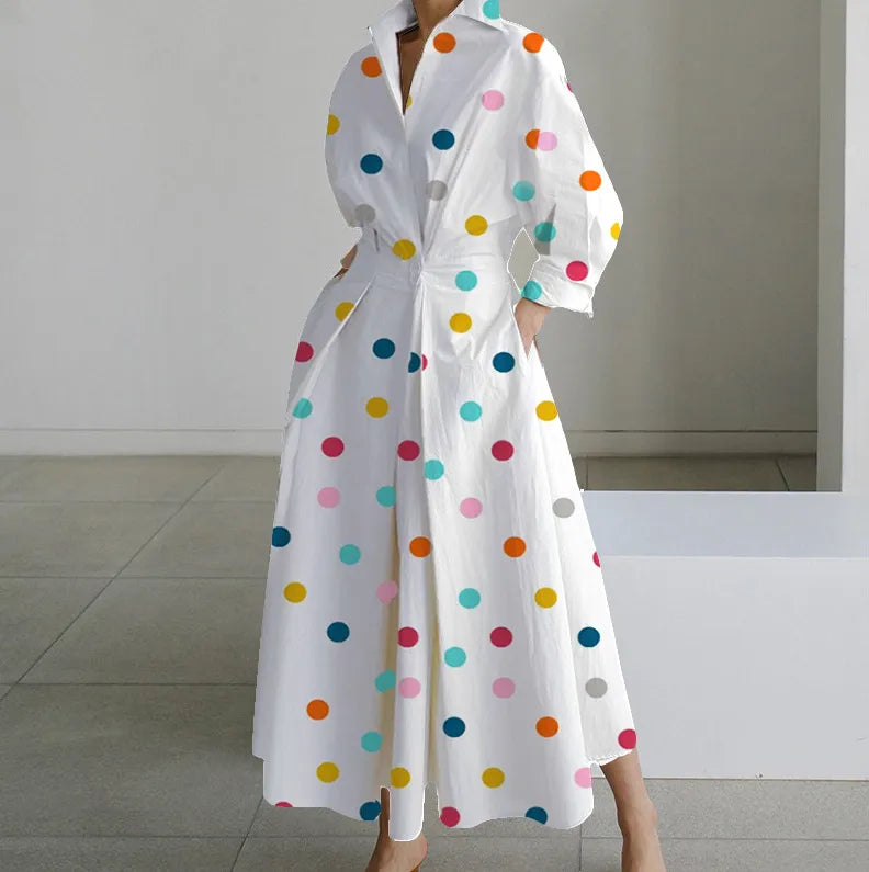 Long Sleeve Dot Print Elegant Maxi V Neck Shirt Party Long Dress