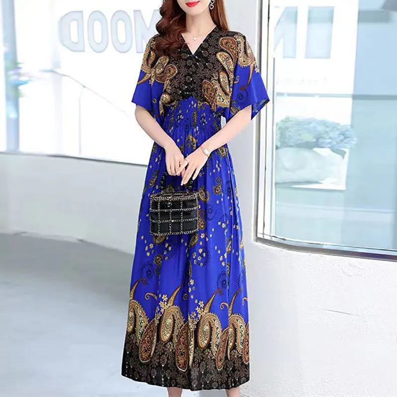Elegante vestido impreso de estilo retro con escote en V, túnica grande de vuelo, falda larga