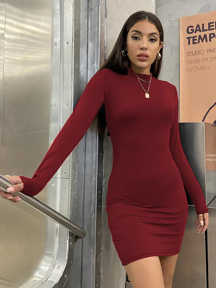 Elegant Chest Slim Pleated Turtleneck Long Sleeve Skinny Mini Dress