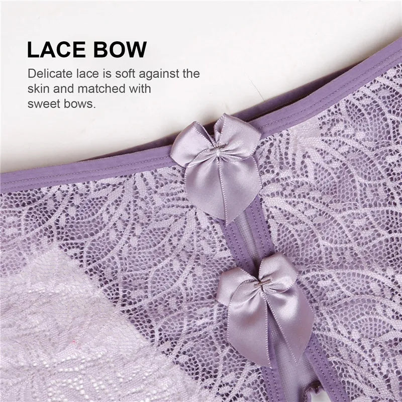 Erotic Sexy Open Lace Panties Transparent Bow Low Waist Underpants Lingerie