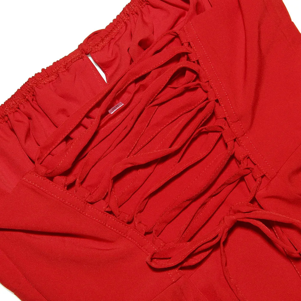 Elegant A Line Midi Dress Sexy Spaghetti Strap Lace Up Red Holiday Party Dresses