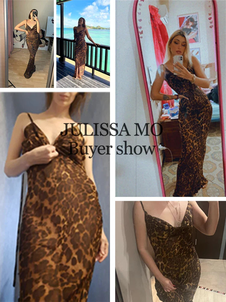 Leopard Print V-Neck Sexy Bodycon Long Straps Party Dress