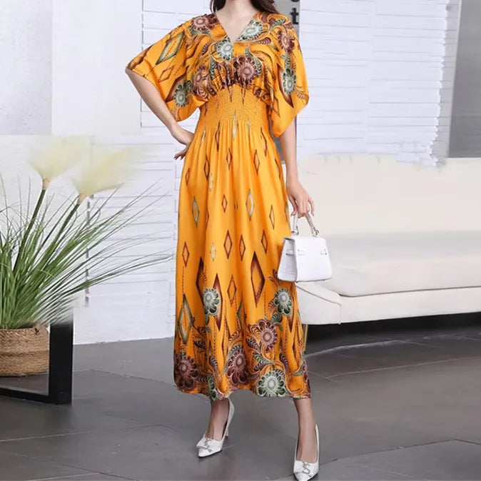 Elegante vestido impreso de estilo retro con escote en V, túnica grande de vuelo, falda larga