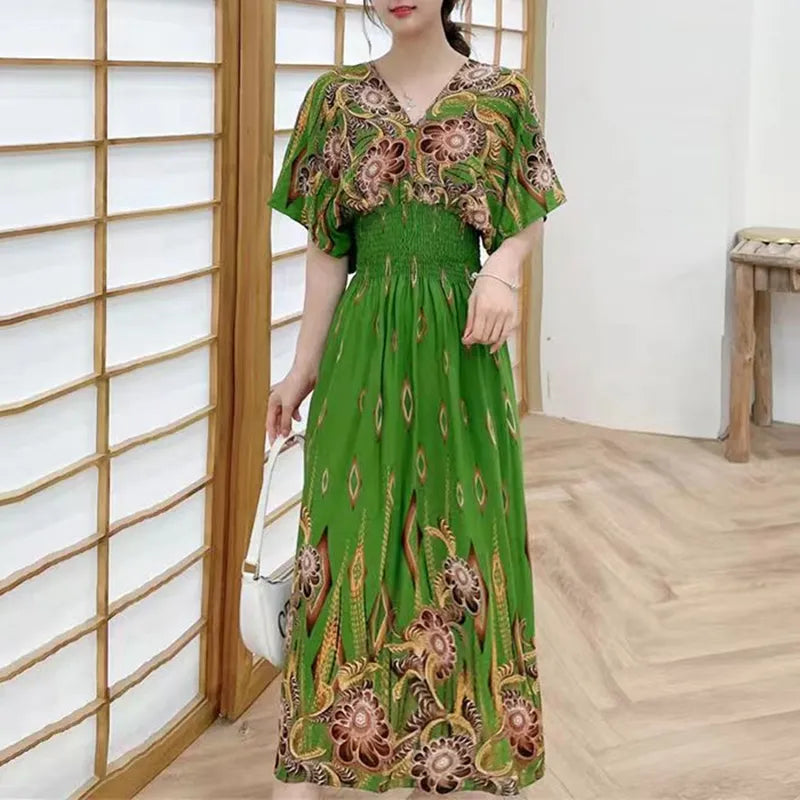 Elegant Retro Style V-neck Tunic Large Swing Printed Dress Long Skirt