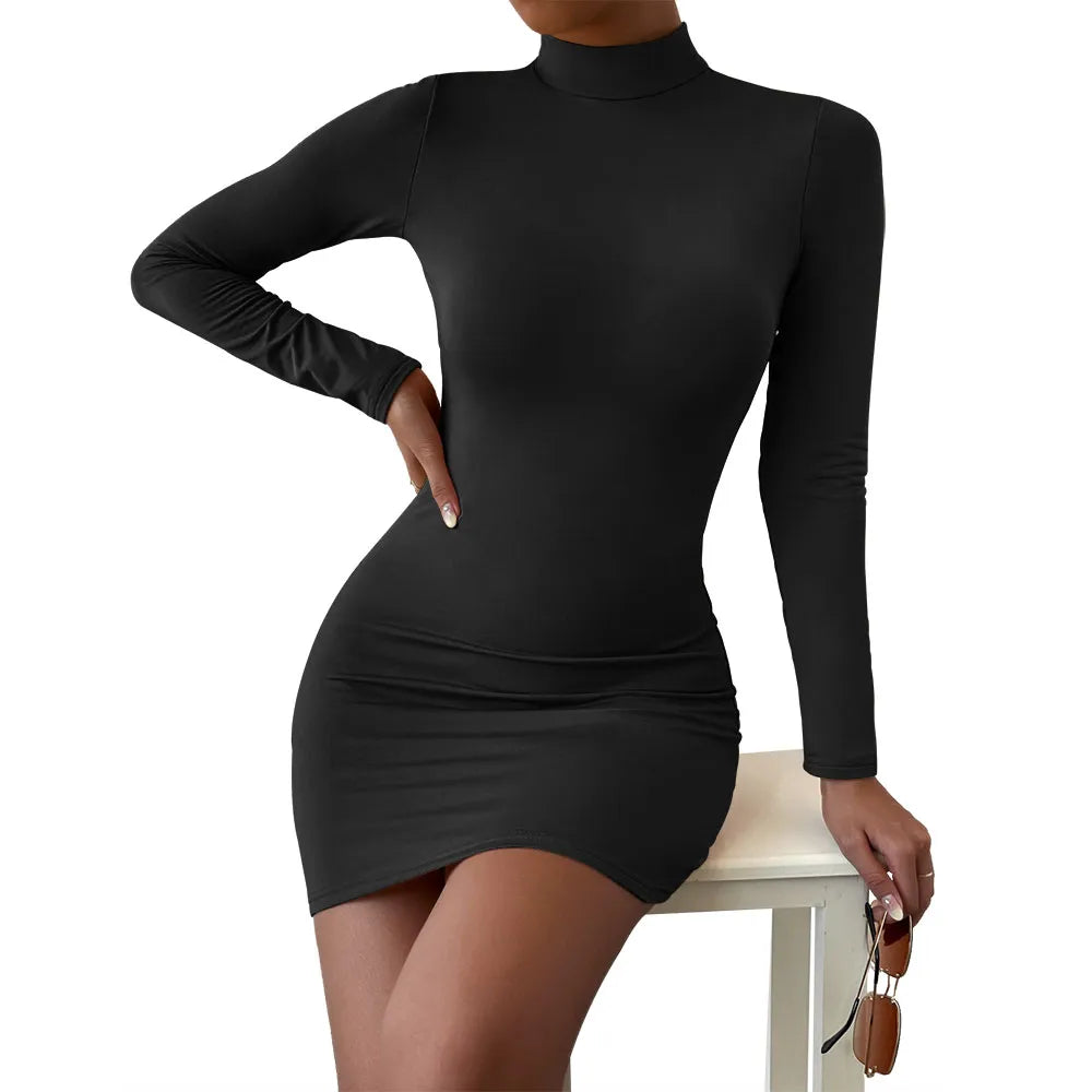 Elegant Chest Slim Pleated Turtleneck Long Sleeve Skinny Mini Dress