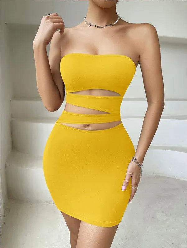 Summer Party Solid Color Sleeveless Open Shoulder Bag Hip Mini Dress