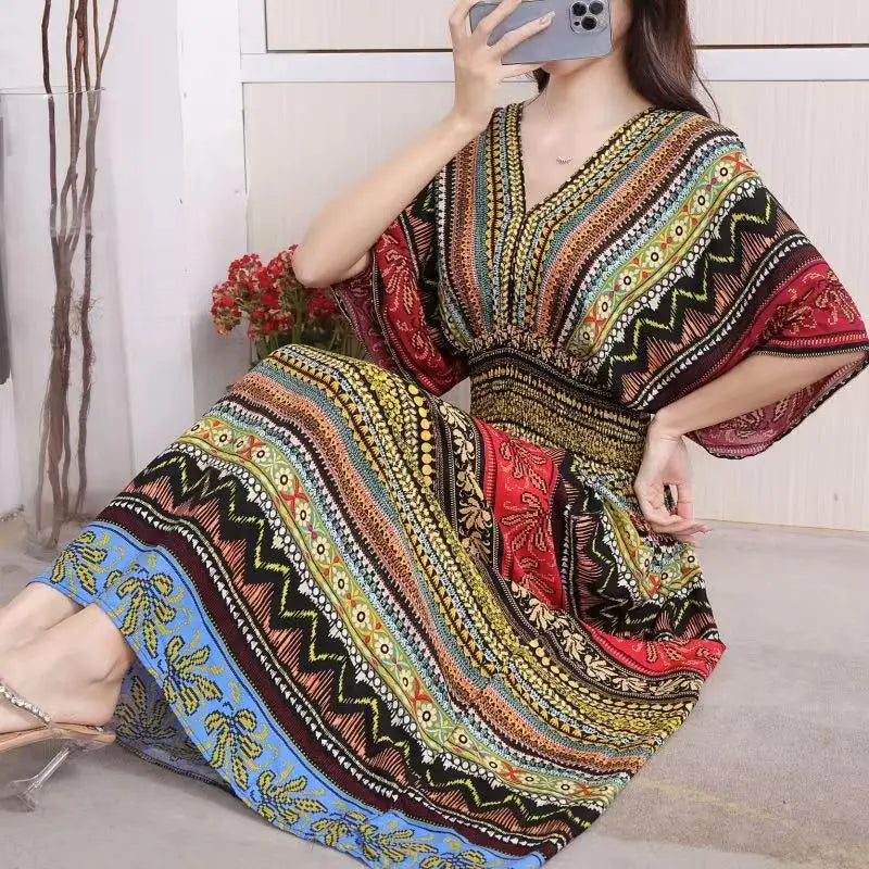 Elegante vestido impreso de estilo retro con escote en V, túnica grande de vuelo, falda larga