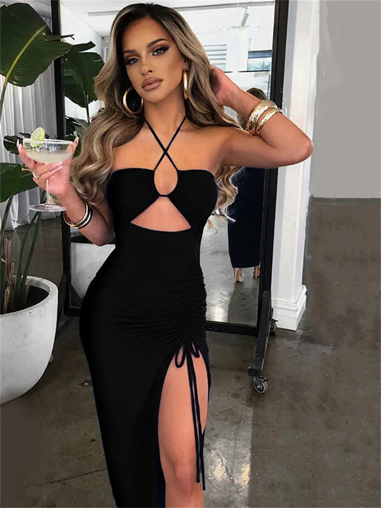 Hollow Out Drawstring Sleeveless Backless High Split Elegant Dress