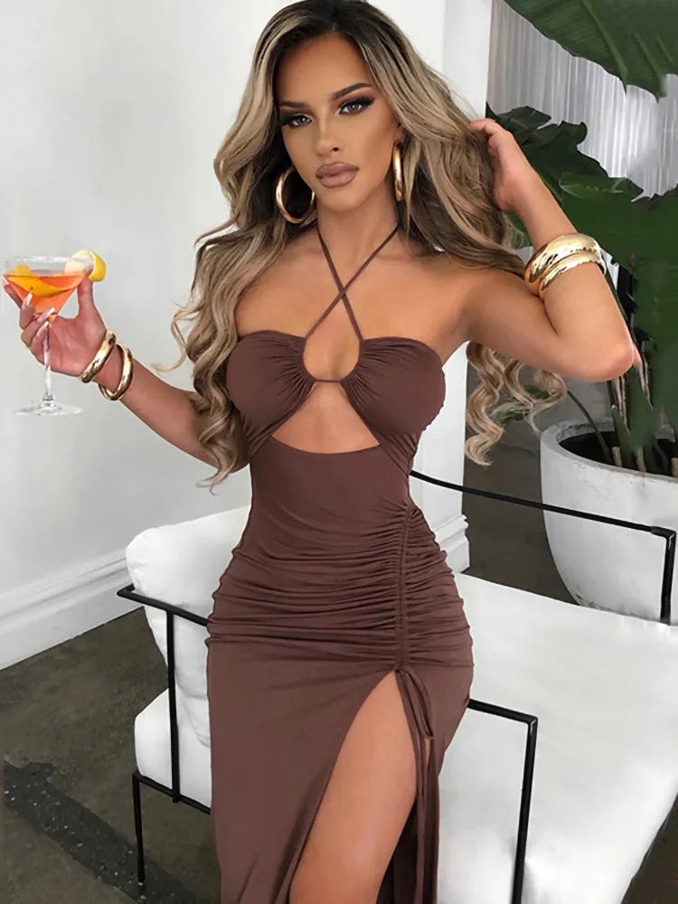 Hollow Out Drawstring Sleeveless Backless High Split Elegant Dress