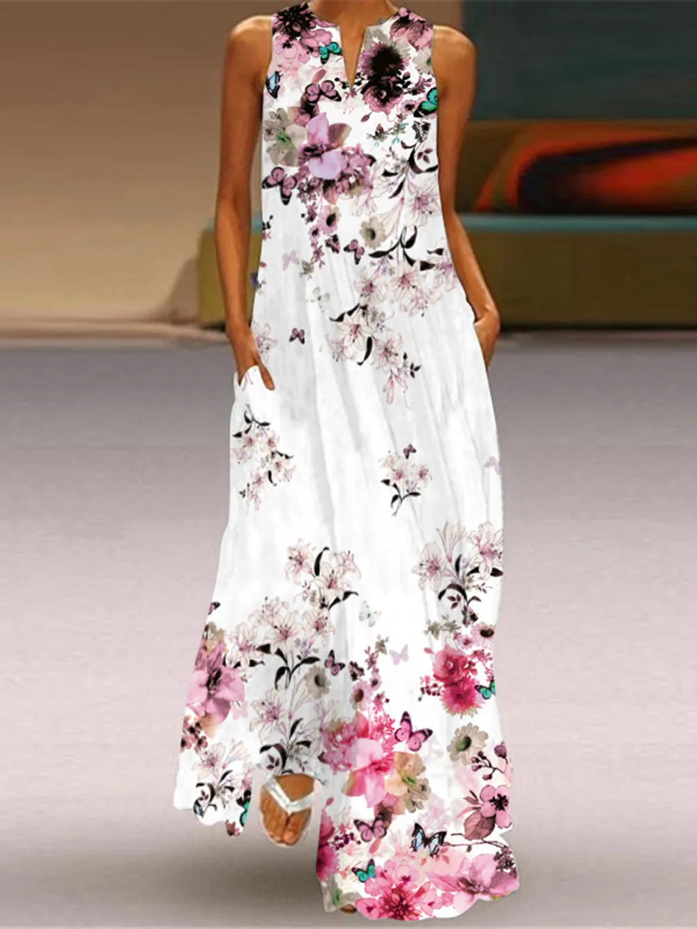 Black Sleeveless V-neck Loose Print Vintage Beach Party Dresses